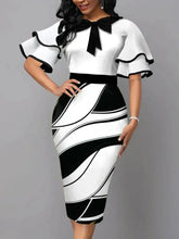 Elegant Women's Midi Floral Work Dress with Bow Decoration - Himpall